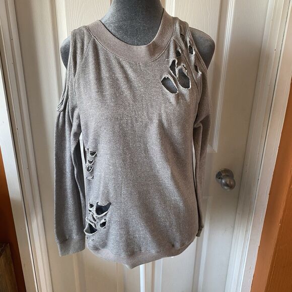 Emma Sweaters - Emma Sweater Women’s Size Small Grey Cold Shoulder Crew Neck Distressed